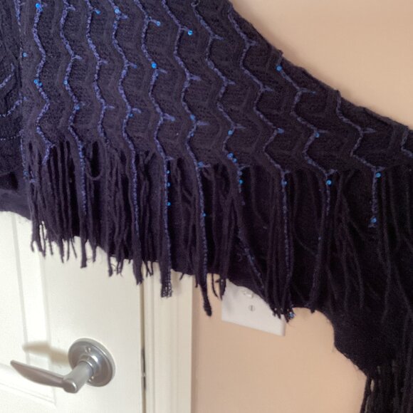Poncho Women's Blue Knit Sequences Fringe Tassels One Size Ladies Warm Parties - Picture 5 of 6